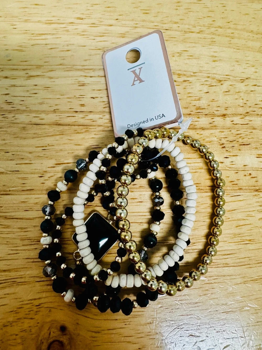 Stacked Beaded Bracelet Set - Black, White & Gold